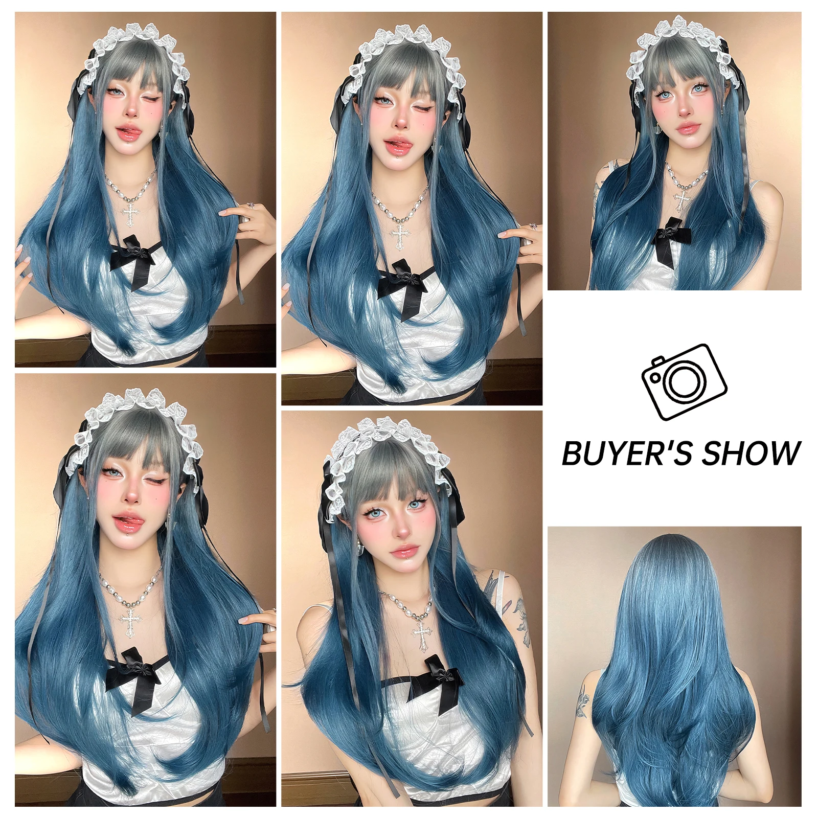 Halloween Synthetic Wig Female 26-inch Gray-blue Gradient Full Bangs Long Straight Hair Sweet Anime CosLolita Role-playing Wig