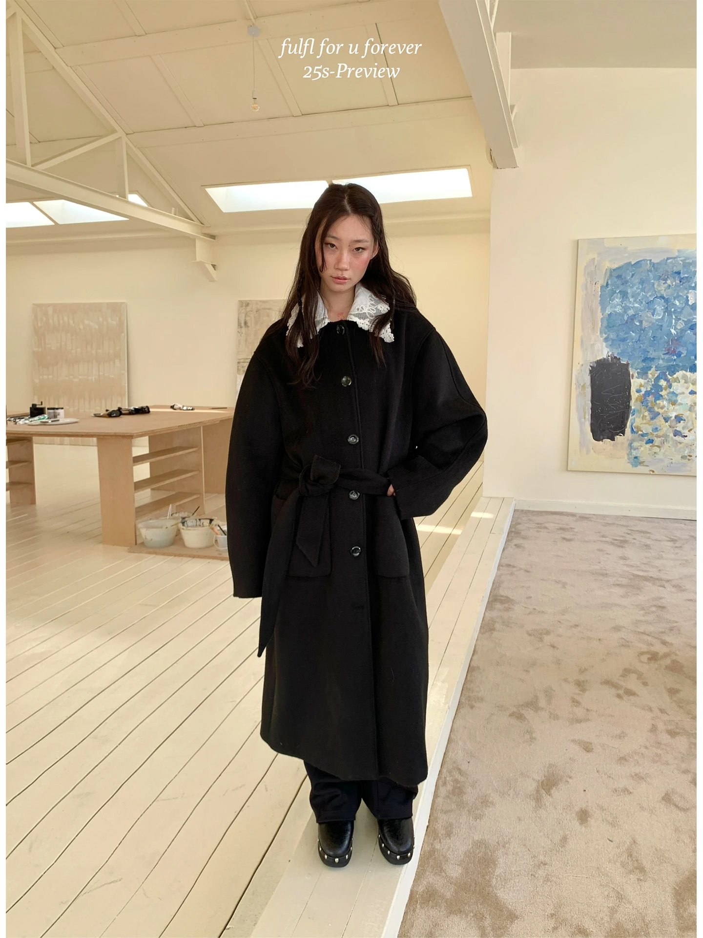 

Длинное шерстяное пальто для женщин, 50% шерсть, со съемным воротником-стойкой, простой отложной воротник, осенне-зимнее пальто свободного кроя