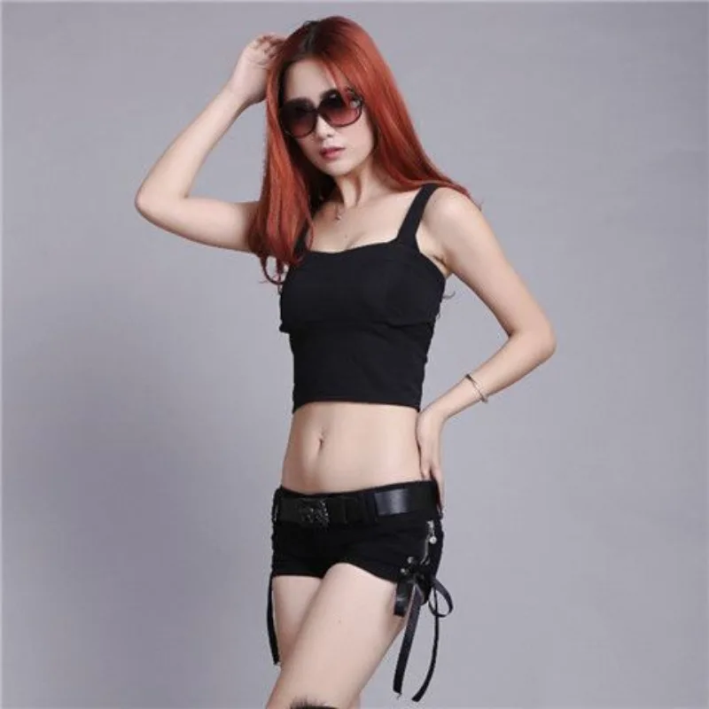 여성 크로스 스트랩 블랙 로우라이즈 데님 숏팬츠 Y2K 슬림 핫팬츠 슈퍼 부티 숏팬츠 나이트클럽