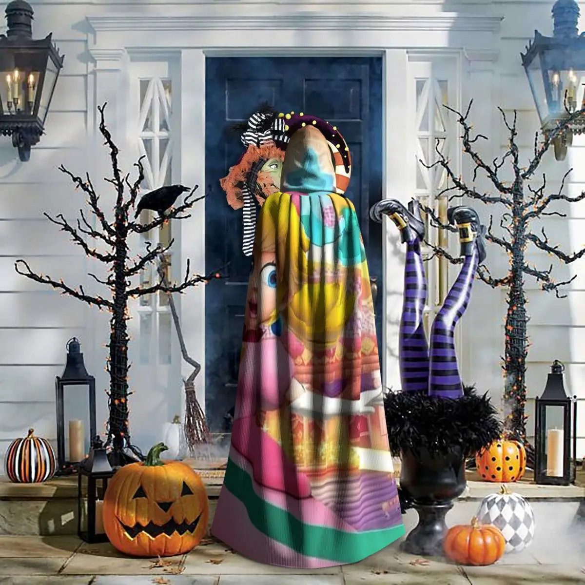 

Girls Peach Princess Print Long Hooded Cloak Witch Medieval Costume Cosplay Cape HalloweenParty Adult Unisex