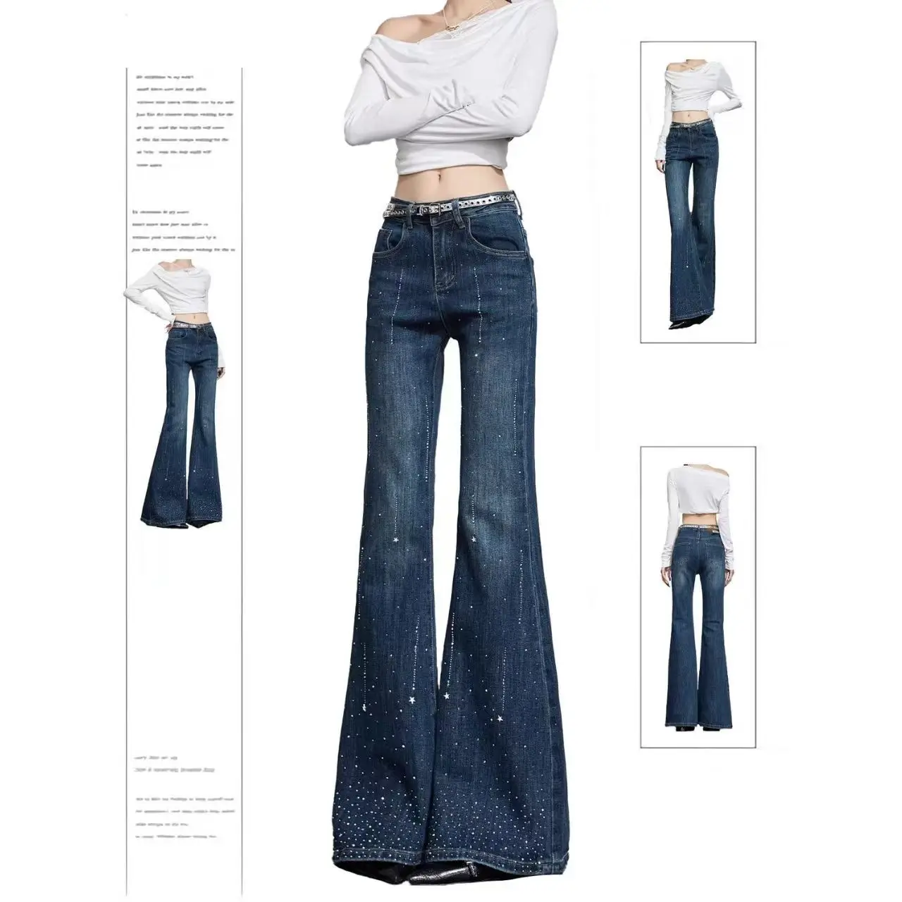 

American Retro Hot Girl Starry Hot Diamond Jeans Women's 2026 Spring and Autumn New High Waist Zipper Slim Micro-flare Pants