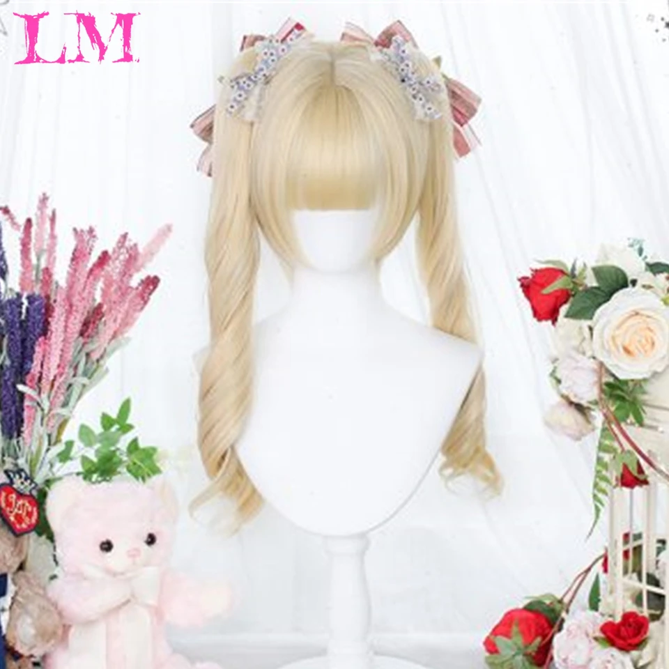 LM Synthetic Wigs Brown Black Double Ponytail Long Curly Wave Hair Lolita Wigs With Bangs Synthetic Wig For Women