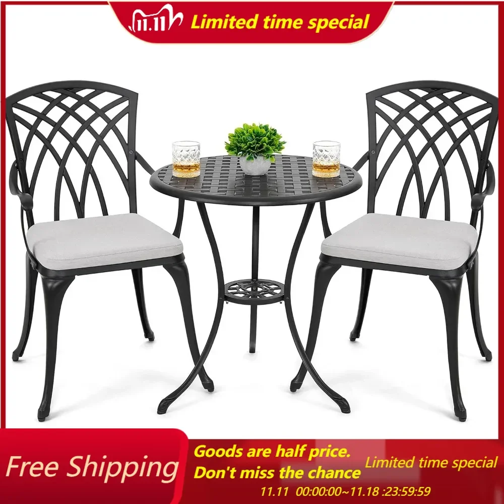 

Bistro Set 3 Piece Outdoor Cast Aluminum Patio Bistro Set Patio Table and Chairs Set of 2 with Umbrella Hole and Gray