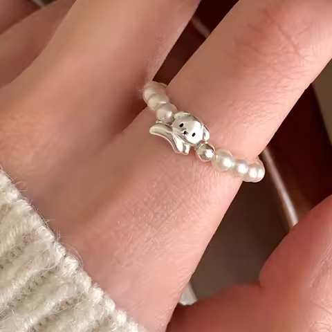 VENTFILLE 925 Sterling Silver Dog Pearl Ring For Women Irregular Beads Elastic Cute Sweet Design Jewelry Party Gift Dropshipping
