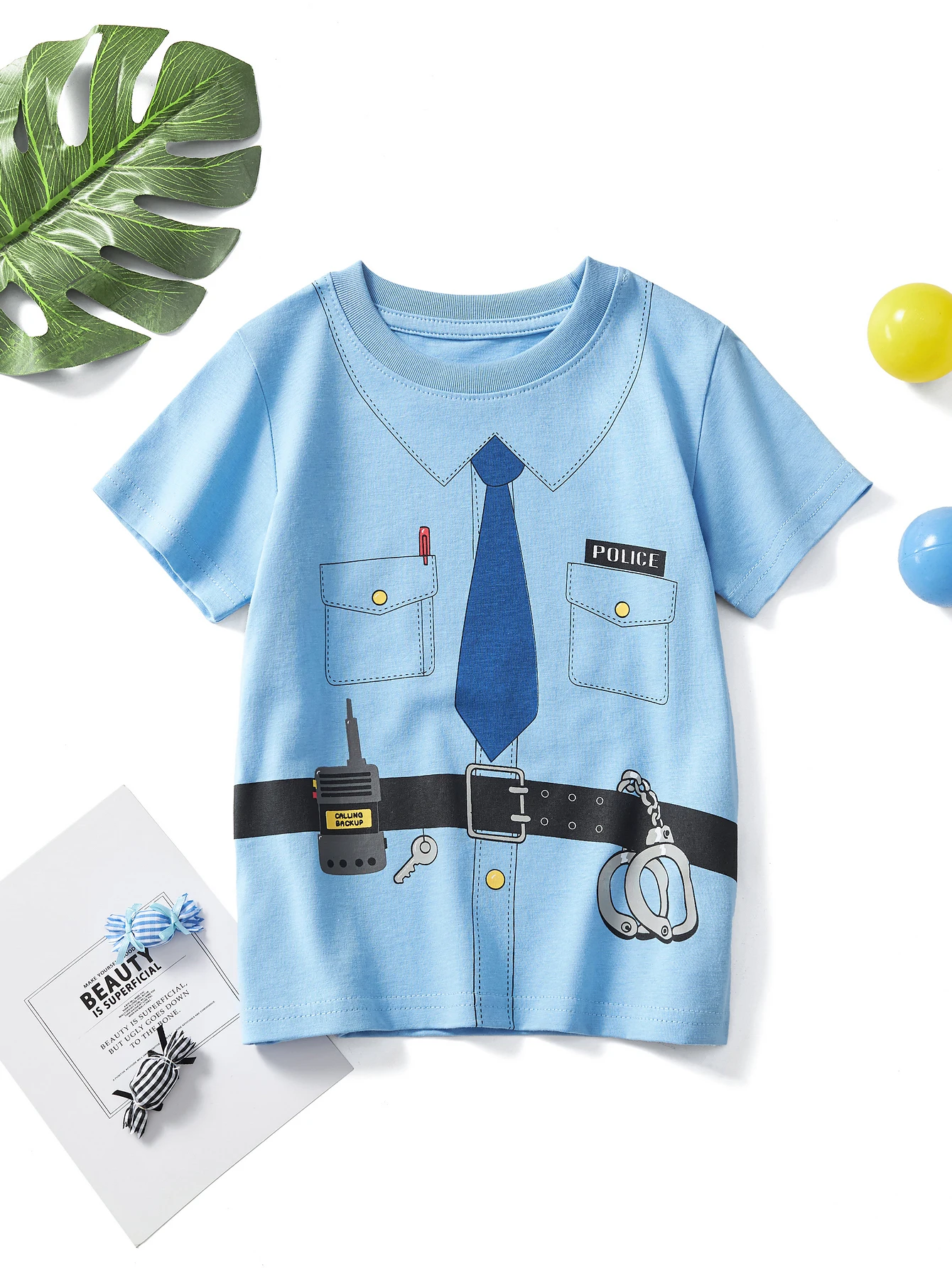 Boys casual cotton short sleeve T-shirt top cartoon police style print summer breathable simple style