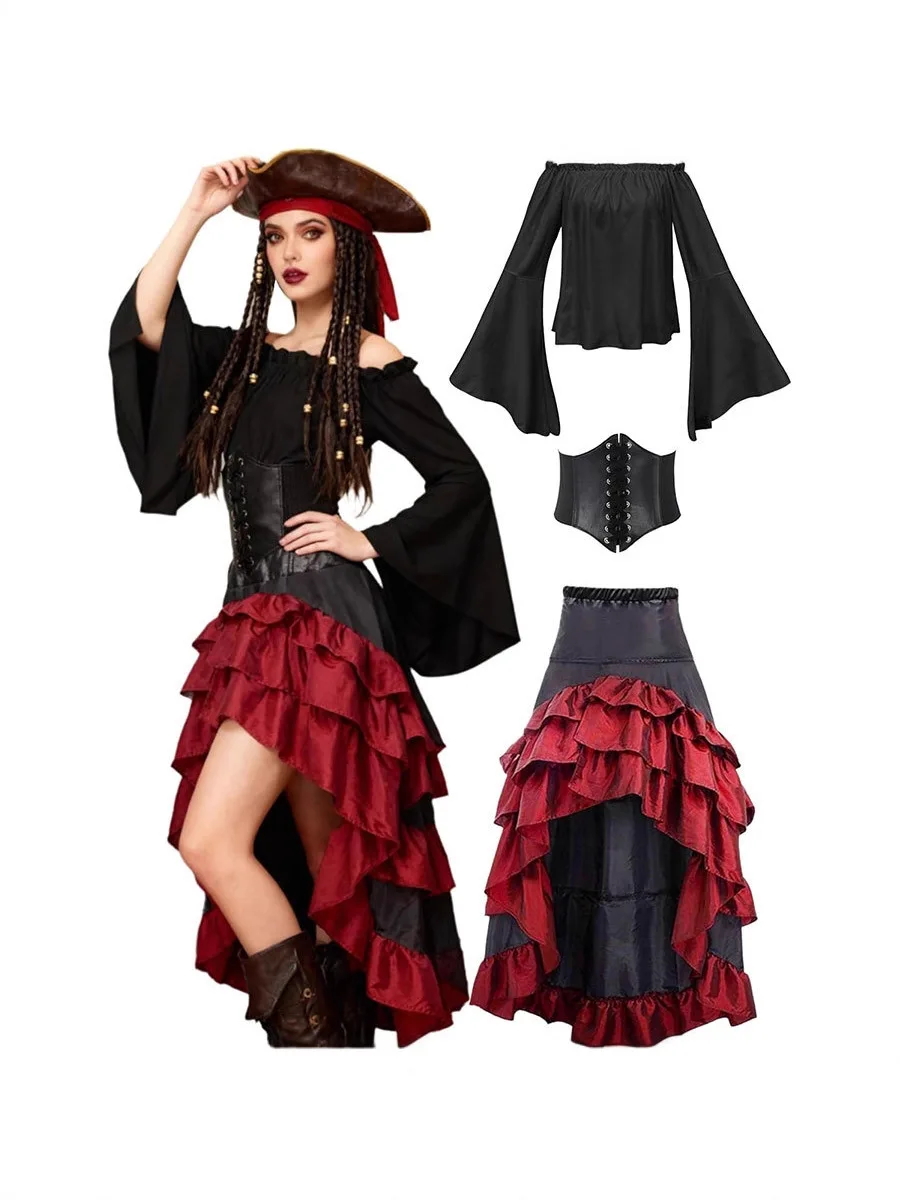 Disfraz de Capitán Pirata Vintage para Mujer - Conjunto Retro con Corsé Bordado y Falda en Capas con Volantes - Atuendo Sexy de Marinera Bucanera