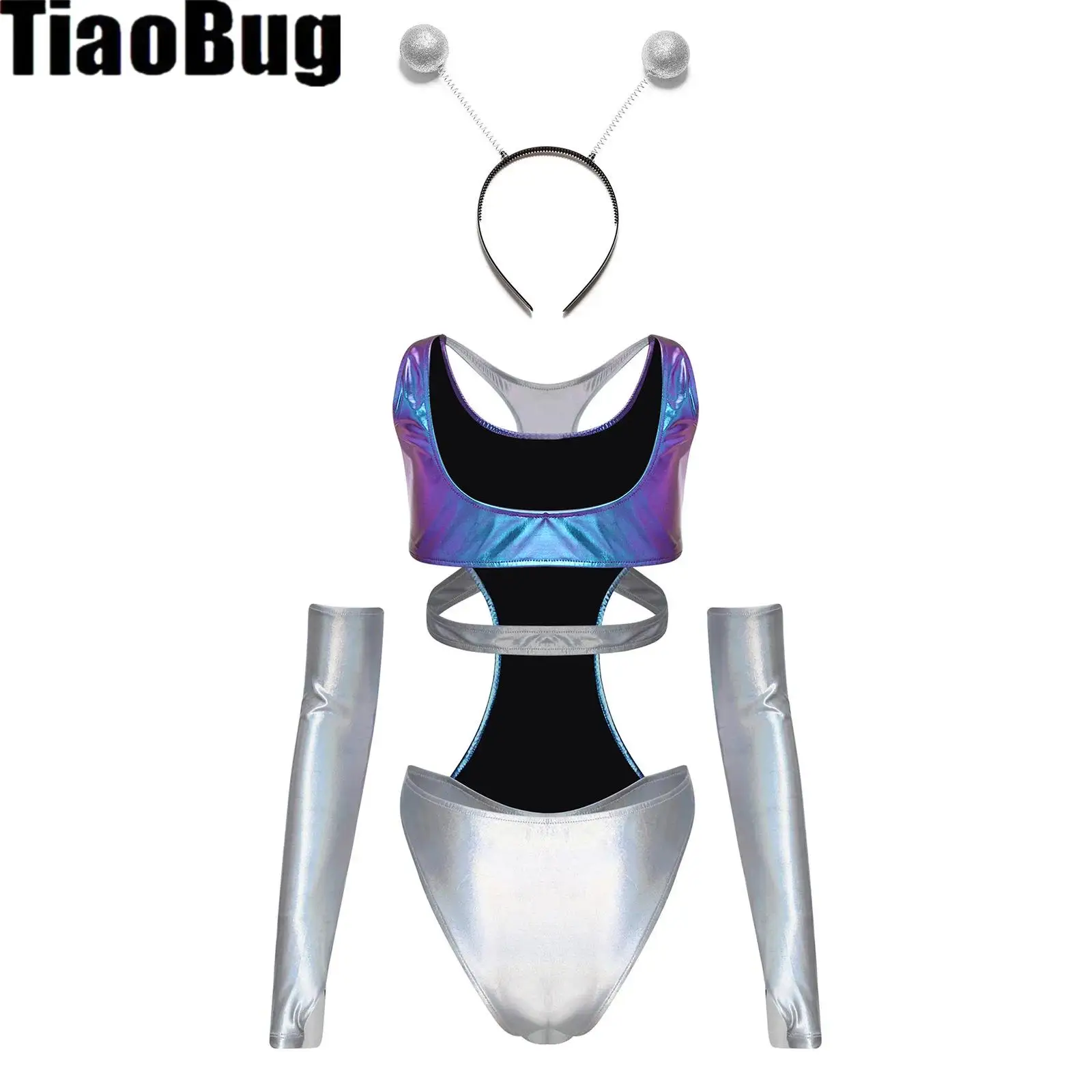 

Women Metallic Shiny Hollow Out Bodysuit Alien Cosplay Costume Halloween Astronaut Outer Space Outfits Uniform Fancy Dress Up
