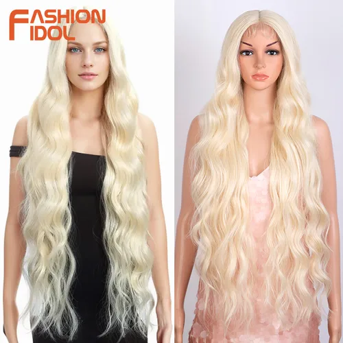 Imagen 1 del producto FASHION IDOL-pelucas de encaje ondulado para mujer, pelo sintético de fibra de alta temperatura, Rubio degradado, pelo Natural, Cosplay, 36 pulgadas/90cm