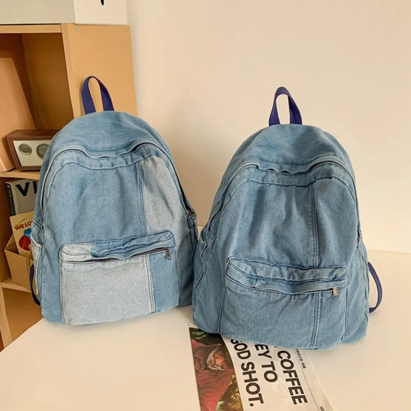 Bolsa de ombro feminina com emenda de cores contrastantes, mochila jeans, simples e casual, nova moda artística, 2024