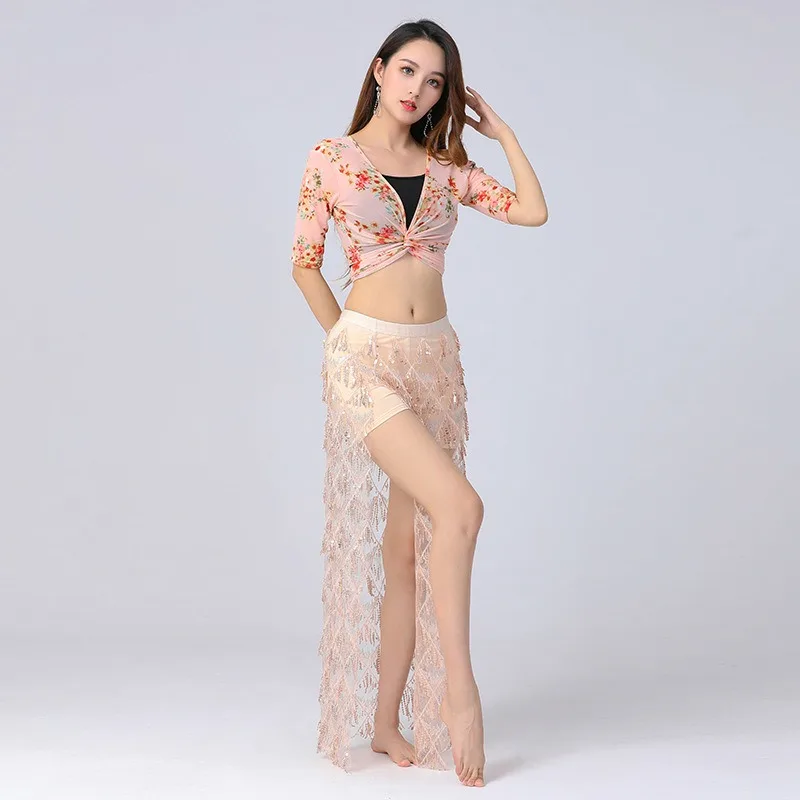 カスタマイズされた大サイズのベリーダンス練習スーツセットメッシュ花トップタッセルスパンコールパフォーマンススカートインド服女性