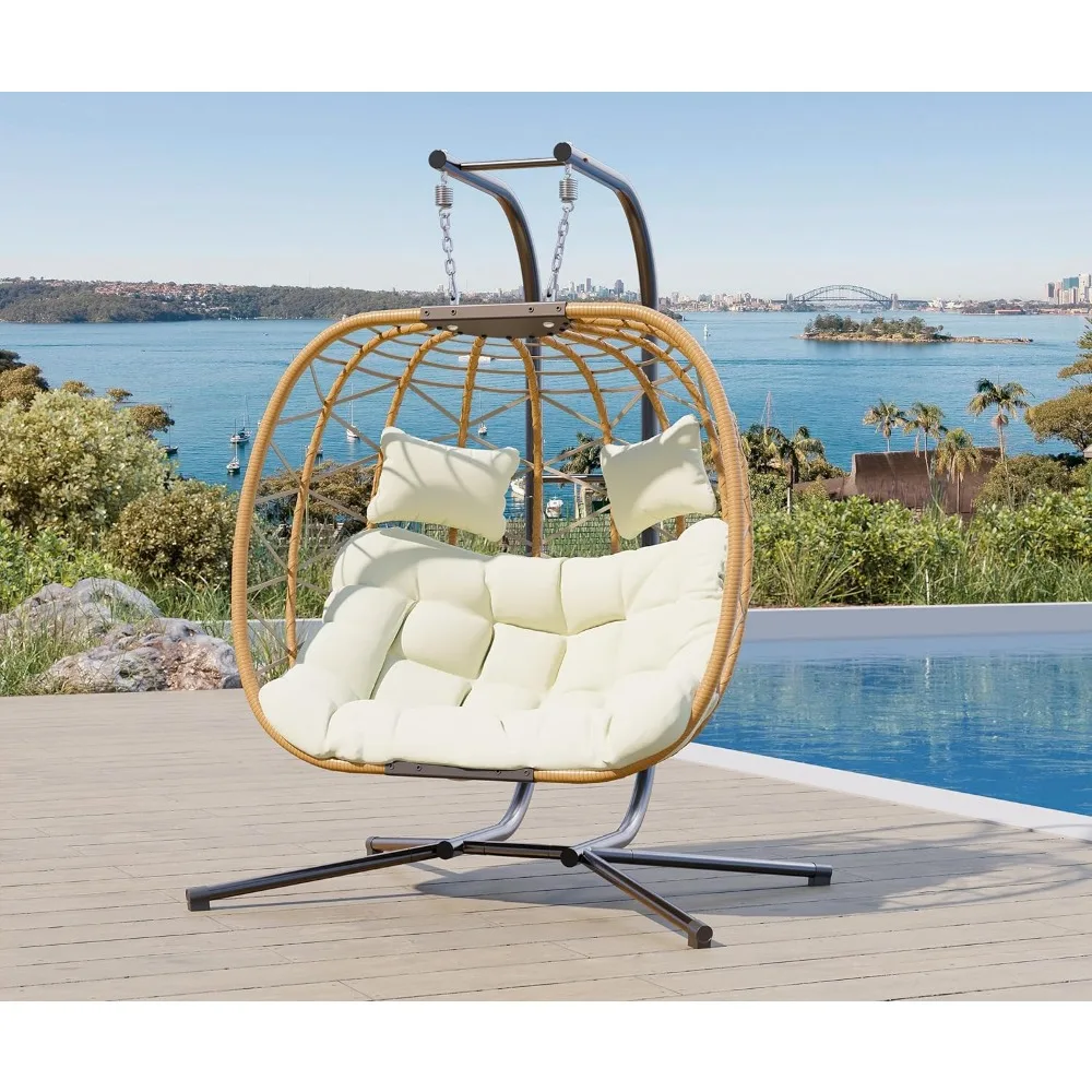 

Double Wicker Swing Egg Chair, with Stand, UV Resistant Removable Cushions, 600LBS Capacity ,Hammock Foldable Hanging Loveseat