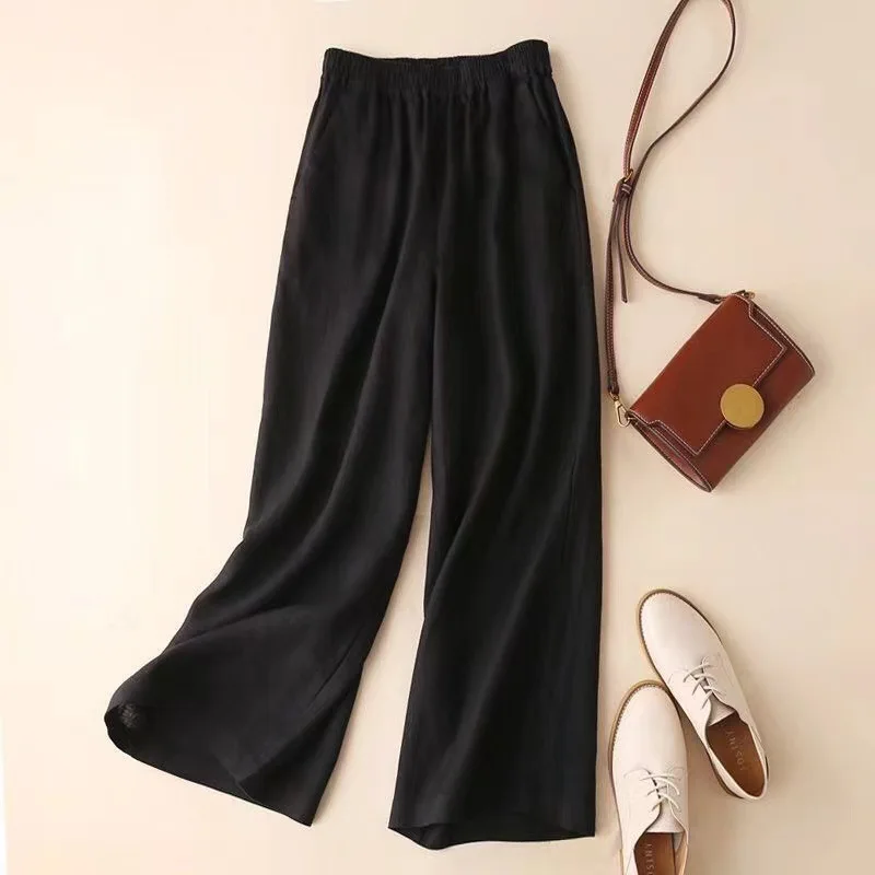 Summer Cotton Linen Wide Leg Pants for Women Pants Full Length Casual Pants Female Solid Loose High Waist Straight Trousers