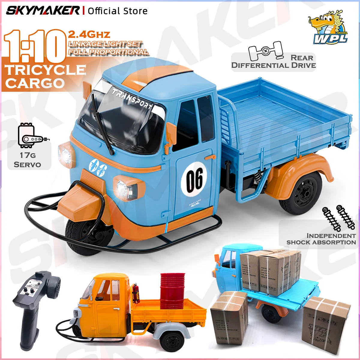 WPL WP22 1/10 Remote Control Three Wheels Truck 2.4GHz RTR Simulation High-Speed Rear Wheel Drive Toy Car Model for Ages 14+