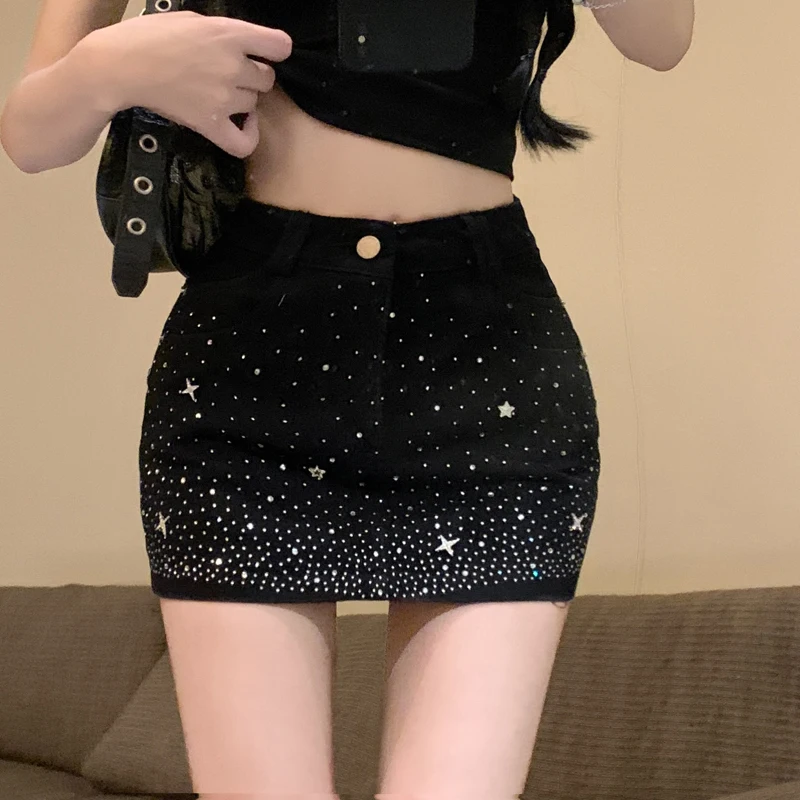 Fashion Y2k Bling Denim Mini Skirts Women Summer Sexy Girl Hot Drilling Diamonds High Waist Slim Jeans Short Skirt Skinny Pencil