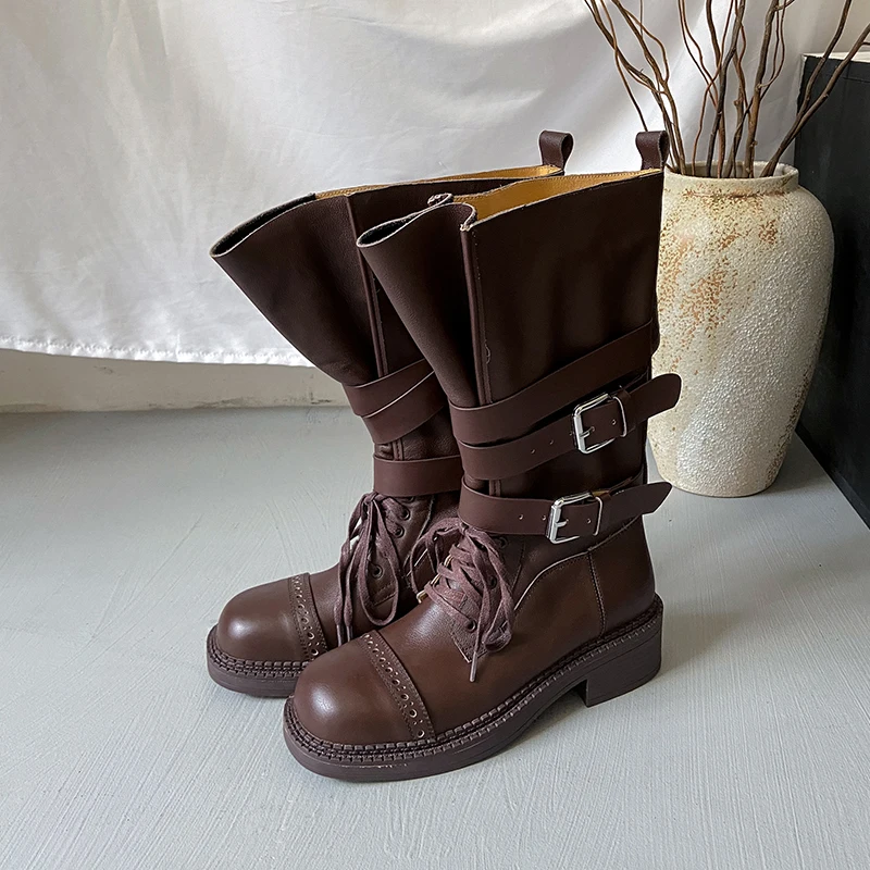 2025 New Trendy Boots Genuine Leather Mid Calf Boots Roud Toe Handmade Footwear Designer Vintage Punk Style Street Botas