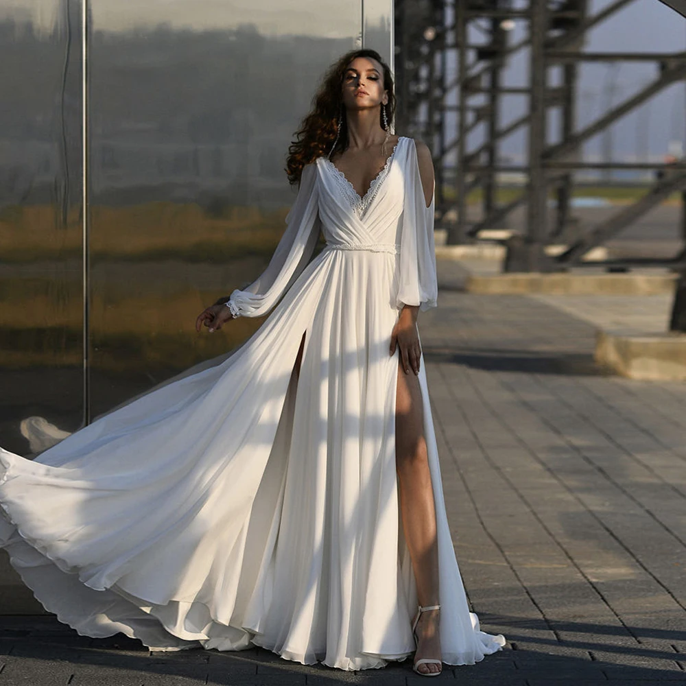 Modern Strapless Wedding Dresses for Women Full Sleeve Side Slit Bridal Gowns with Lace Pleat 2024 Summer Chiffon  Robe De