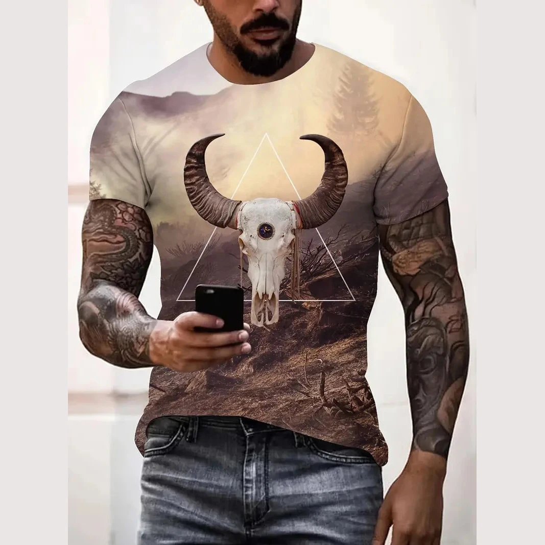 Vintage Cowboy Men's T Shirt Summer Casual Short Sleeve Fashion Streetwear Pattern Print Male Overszied Clothing O Neck Pullover