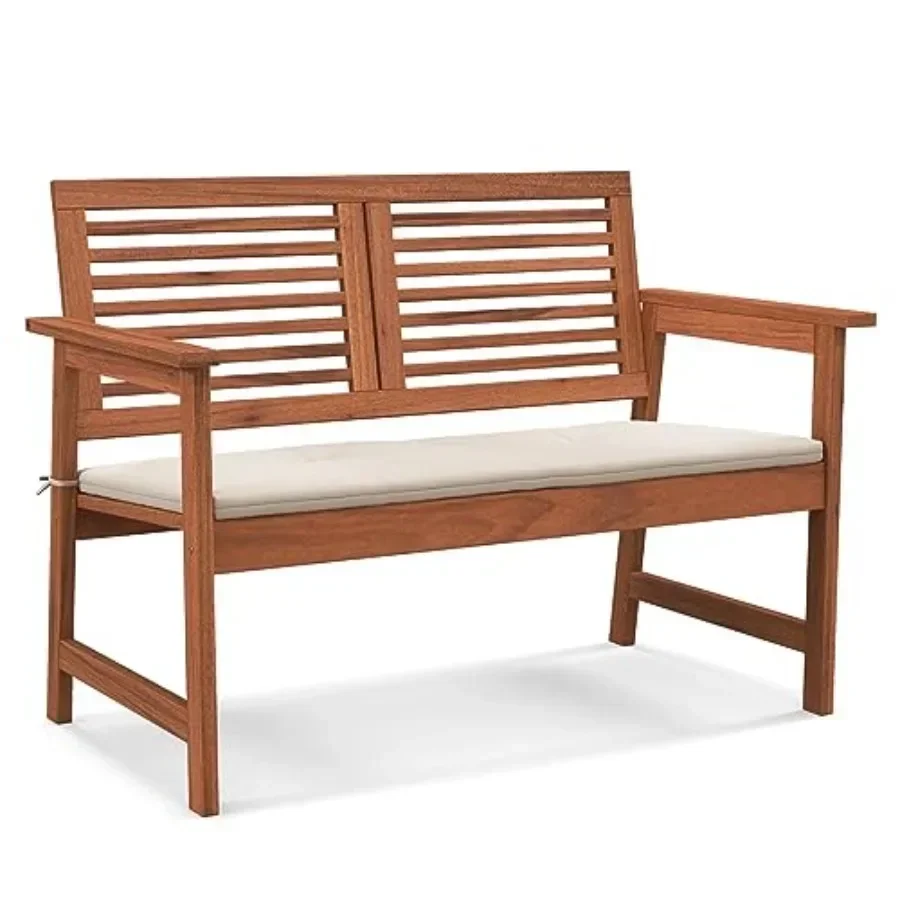 Outdoor Bench with Cushion, 2-Person Patio Bench with Slatted Back and Seat, Removable Cushion, Conversation Loveseat Chair for