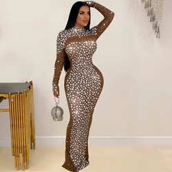 Elegant long sleeved dress Sparkle Silver Rhinestones Décor Long Dress Luxury Woman Crystal Party Dress Outfits Nightclub Wear