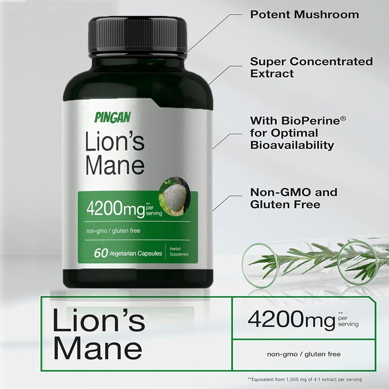 

Lion Mane Mushroom Extract | 4200 Milligrams | 60 Capsules | Vegetarian, Non Genetically Modified, Gluten Free Supplement
