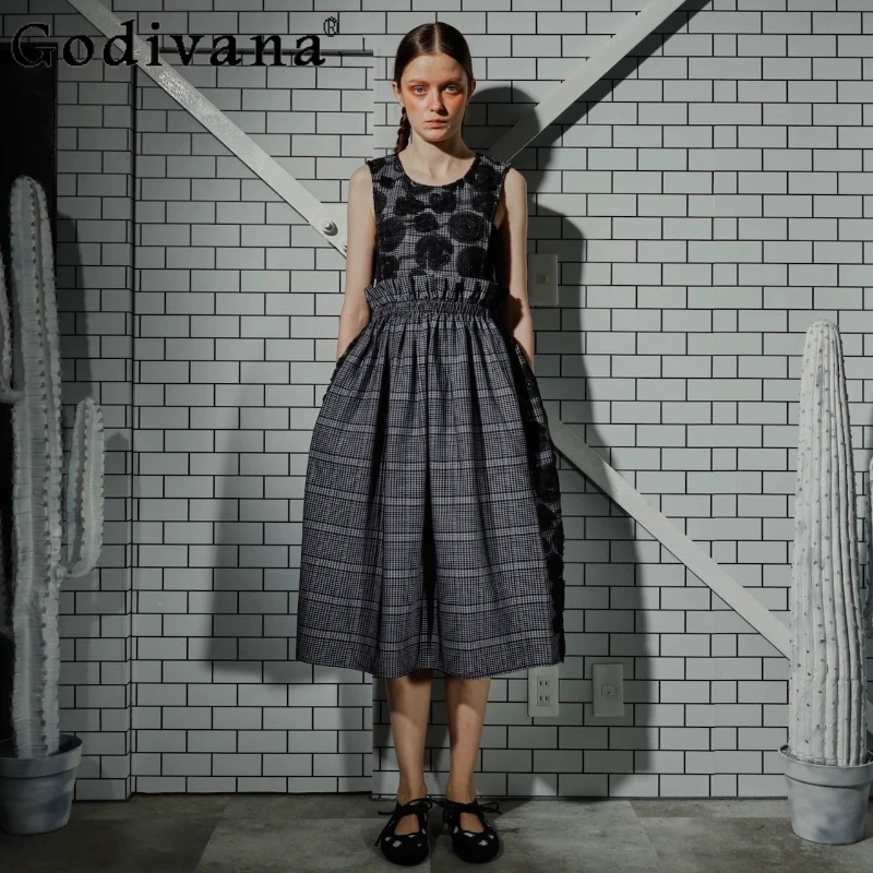 

Japanese Fashion Sweet Sleeveless Long Dress Summer New Women's Slim Fit French Elegant Plaid Patchwork Dress Lady Daily Dress