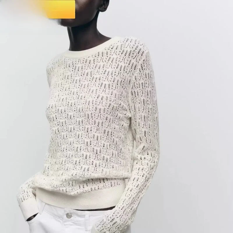 

Spring 2025 Women's Knitted Long Sve round Ne Hollow out Simple Design Polyester Fiber Commute Sle Single Piece KISS