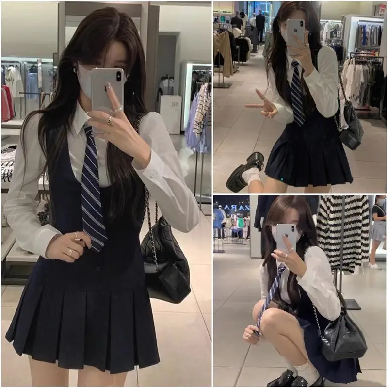 

British Academy Style Jk Uniform Set For Women's Summer Sexy Fashion Design Shirt+tank Top Pleated Skirt For Women's 2-piece Set