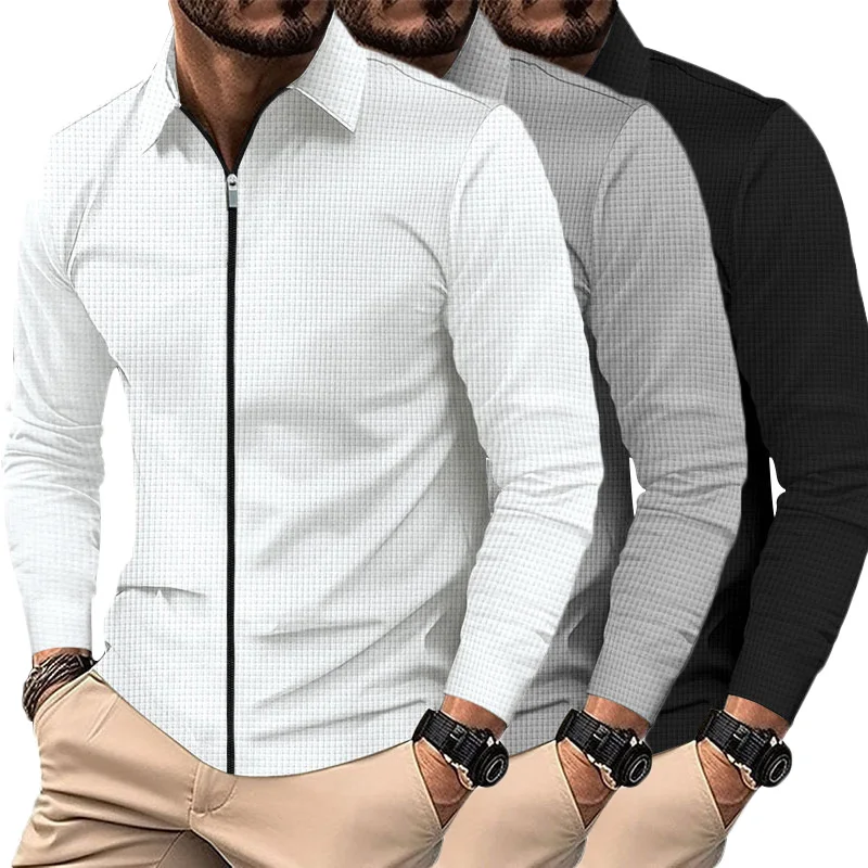 

New Casual Jacket Men Work Business Coat Spring Autumn Waffle Long-sleeved Zipper Jacket Solid Color Outdoor Sports Cardigan