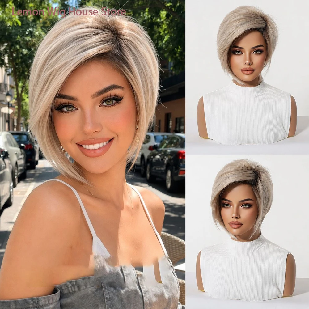 Gradient Gold Short Wig with Bangs Natural Layered Wig for Women Daily Use Synthetic Hair Heat Resistant Fiber Cosplay Wigs