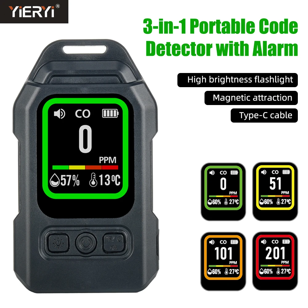 

Yieryi 3-in-1 CO Gas Leak Detector Carbon Monoxide Sensor with Alarm Flashlight Portable Temp Humidity Meter for Home Indoor Use