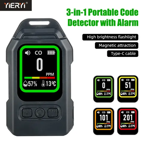 Yieryi 3-in-1 CO 가스 누출 감지기 일산화탄소 센서 알람 손전등 포함 가정용 실내 사용을 위한 휴대용 온도 습도 측정기
