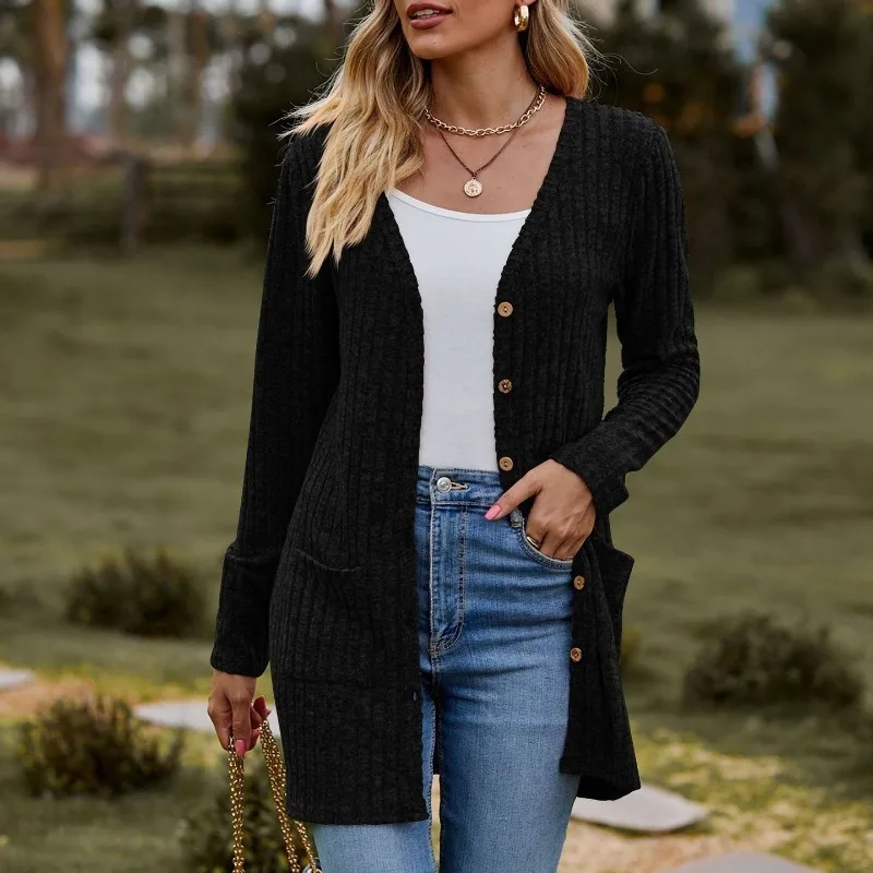 Autumn New Women's Clothing Polished Pit Strips Solid Color Long-sleeved Women's Cardigan Jacket