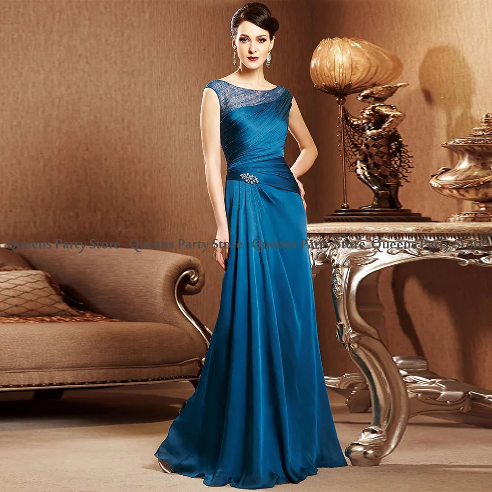 Vestido azul turquesa para madre de la novia, vestidos de invitados de boda, cuello redondo, manga casquillo, cuentas, plisado, vestido de fiesta de noche de sirena