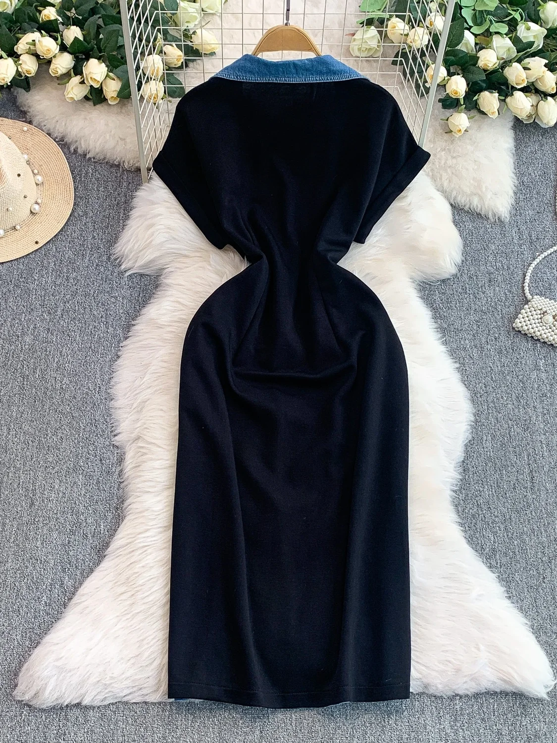 Retro Hong Kong Sle Sexy Lace V-ne ort Sve Dr Women's Summer Denim Patchwork Waist-cinching Slimming Split Long D...