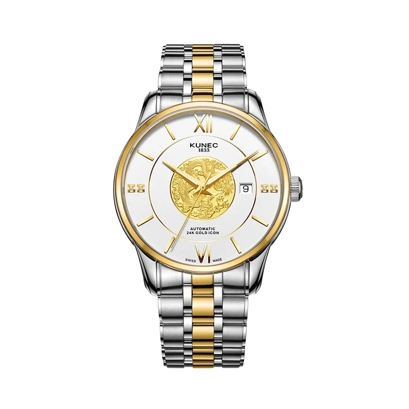 

Kunec 24k Gold Women's Swiss mechanical movement relogio masculino steel Couple watches waterproof business automatic man watch