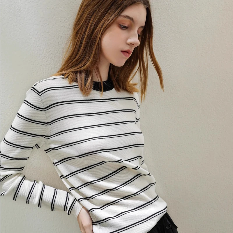Gebreide Trui Vrouwen Truien Nieuwe Lange Mouw O-hals Gestreepte Gebreide Trui Trui Vrouwen Tops Truien Sueters De Mujer Q1606