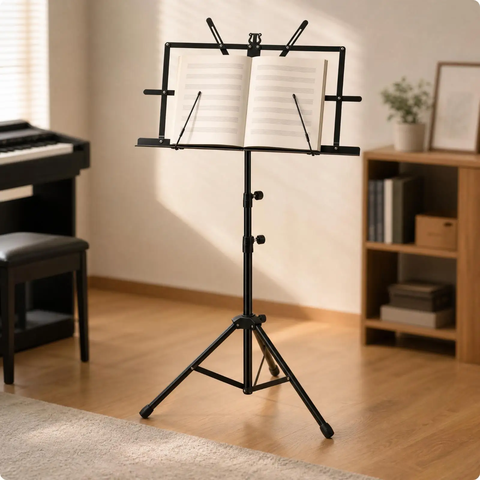 Adjustable Black Folding Music Stand Portable Iron Sheet Music Holder with Tripod Base for Performance