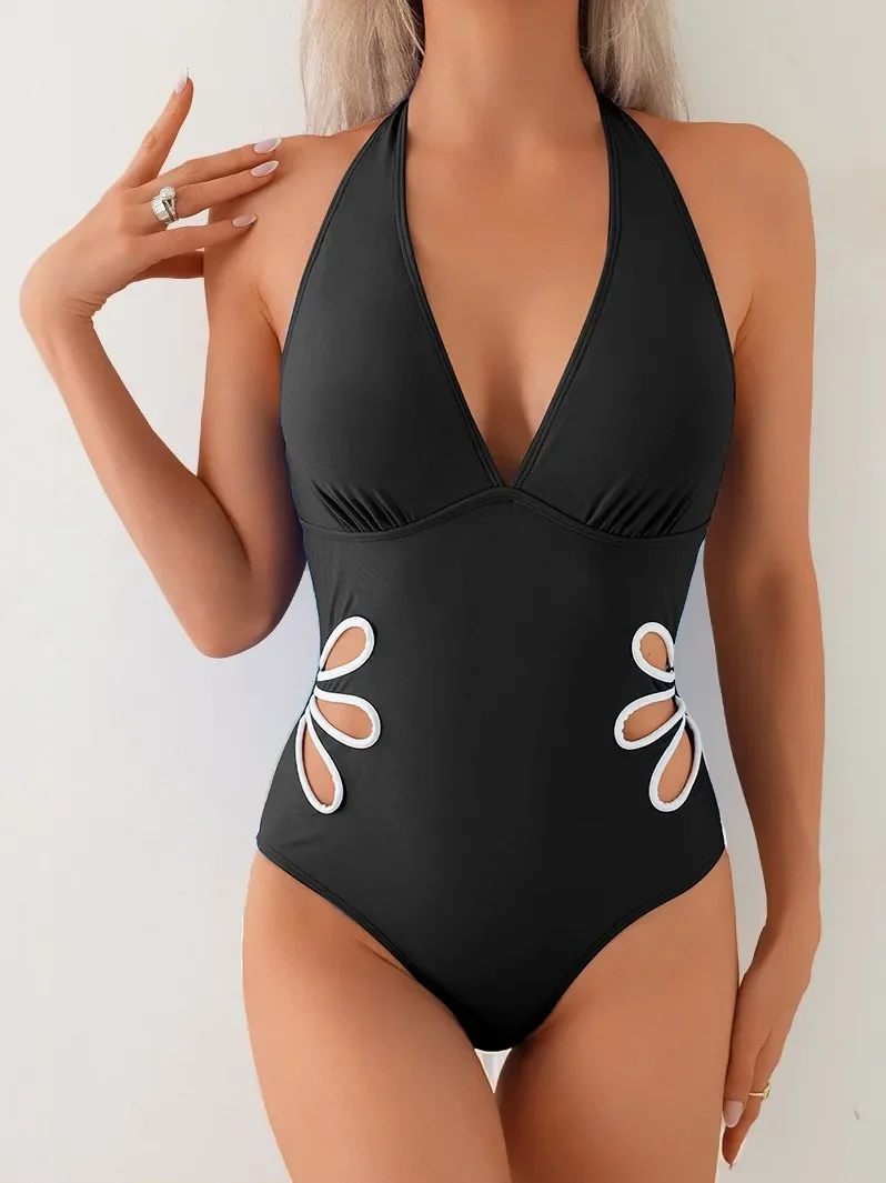 ใหม่ผู้หญิงสีทึบชุดว่ายน้ํากลีบเอว & Halter Deep V ดอกไม้พิมพ์ One Piece ชุดบิกินี่ฤดูร้อนชุดเสื้อผ้า