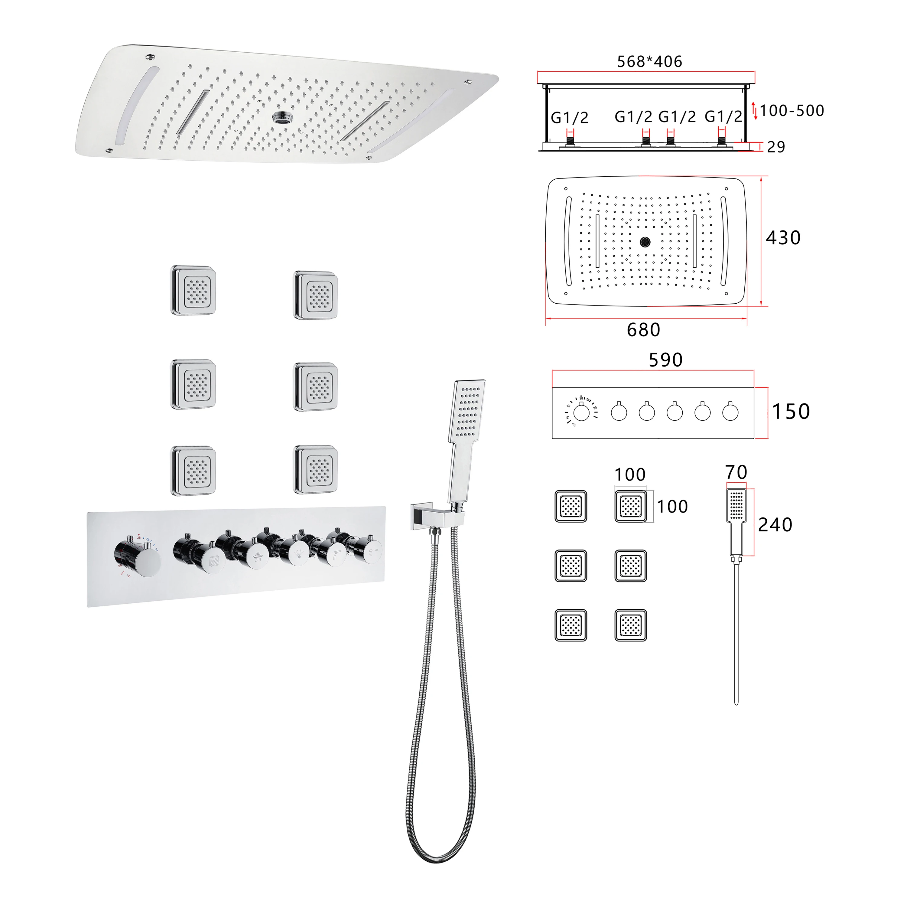 Silver Ceiling Mounted Showerhead Set with Temperature Control Knob Waterfall Feature  Wall Spray Bubble Jet Nozzle LED Lights