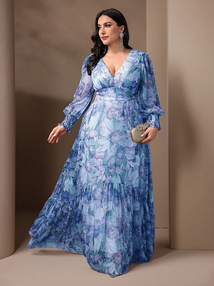 

TOLEEN-Women Floral Print Dress, Deep V-Neck, Lantern Sleeve, Ruffle Hem Vacation, Casual Elegant, Plus Size, Spring Summer 2024