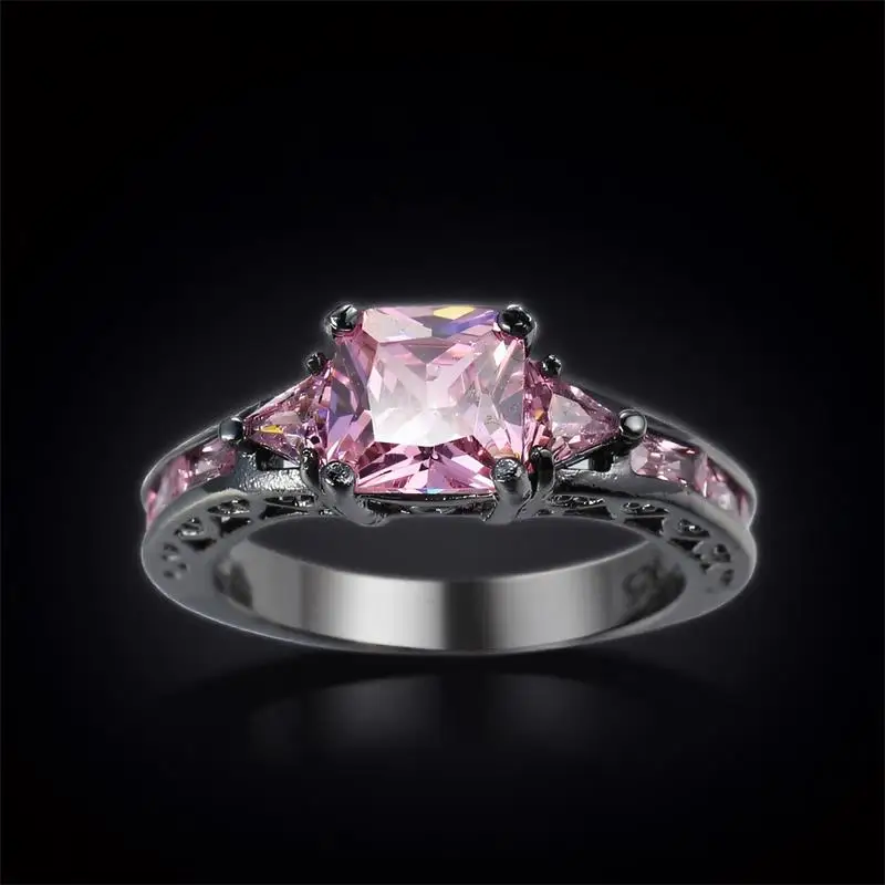 لطيف مربع حجر الوردي كريستال خواتم الخطبة للنساء خمر الأسود معدن الزفاف وعد العصابات مجوهرات هدية عيد الحب