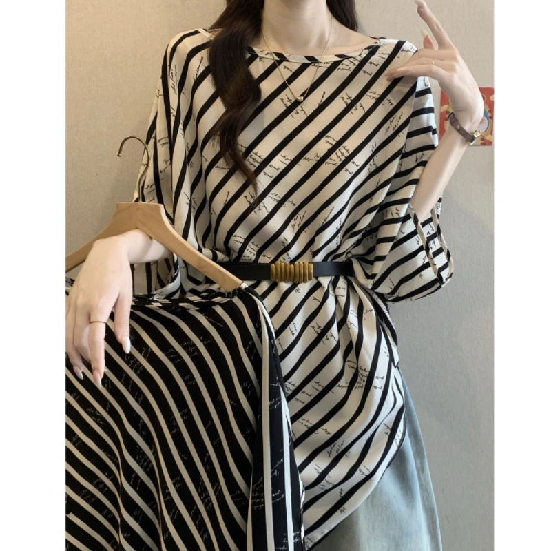 Wiosna Lato Duży Rozmiar Szyfonowa Koszula Damska 2025 Nowa Moda Luźna Codzienna Koszula w Paski z Paskiem w Talii Elegancka Bluzka Damska