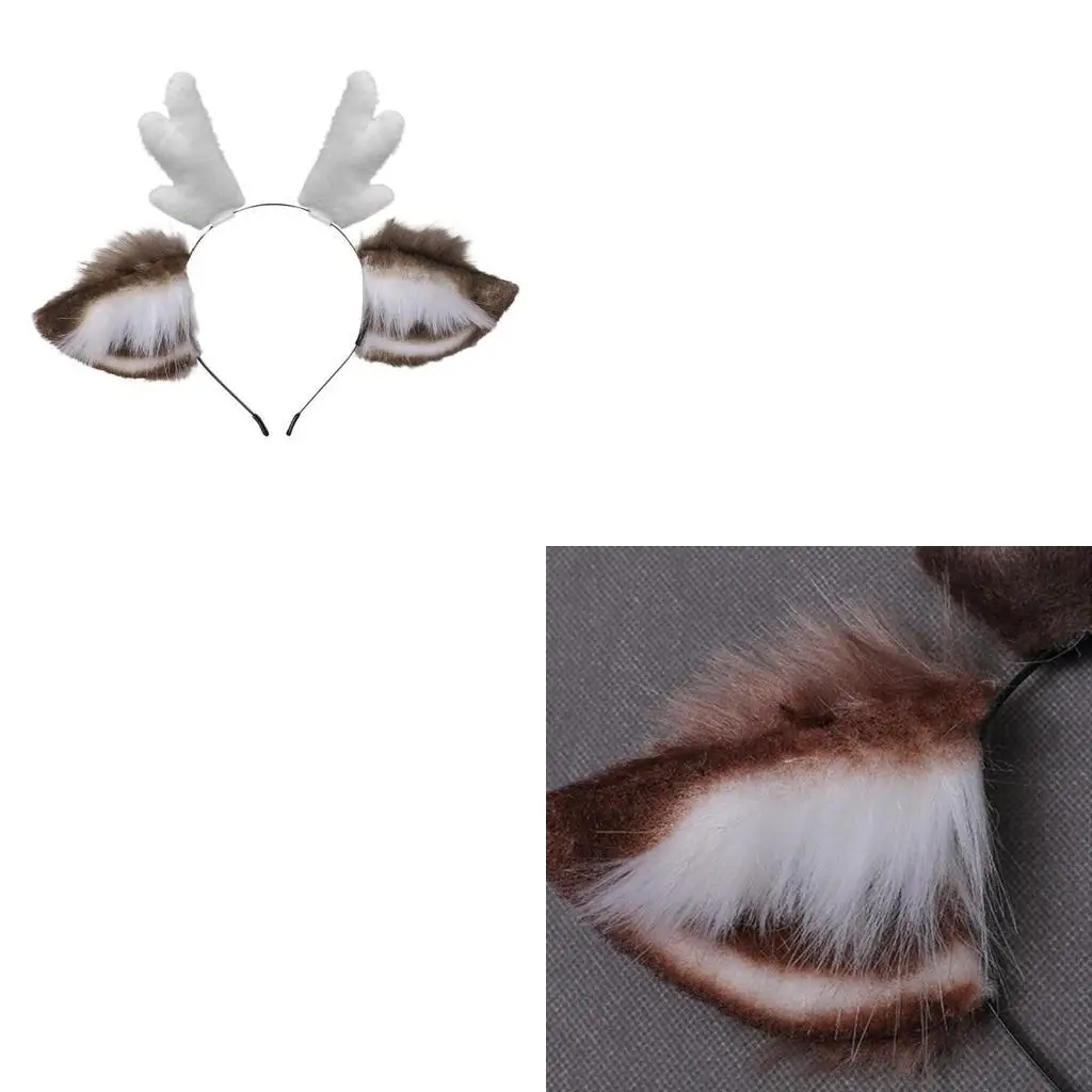 

652F Faux Fur Ears Plush Antler Headband Reindeer Animal Hair Hoop Cosplay Costume