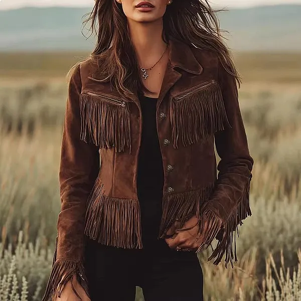 

Women's Bohemian Fringe Suede Jacket Coat, Fall Winter Suede Jackets for Women
