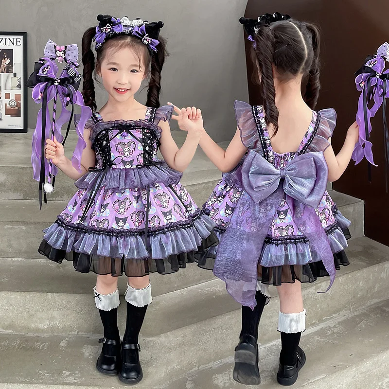 

Anime Kuromi Children's Princess Dress Summer Girl Lolita Puffy Skirt Suspender Dress Party Dress Bow Decorative Lace Gift