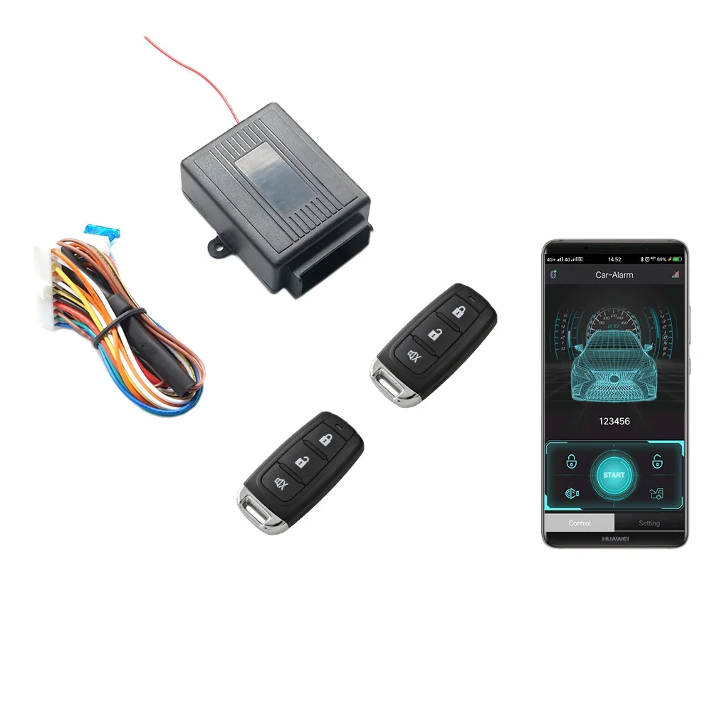 12V汎用カーアラームセキュリティシステム、ハイジャック防止リモートキーレスエントリー、スマートフォンアプリBTコントロールカーアラーム