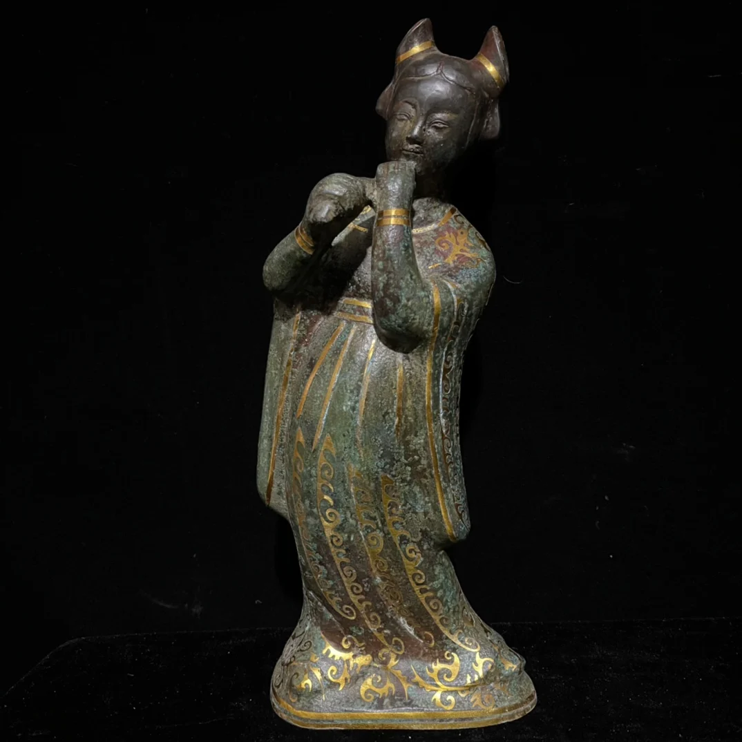 Old hand-caved bronze inlaid with gold female musicians,#02