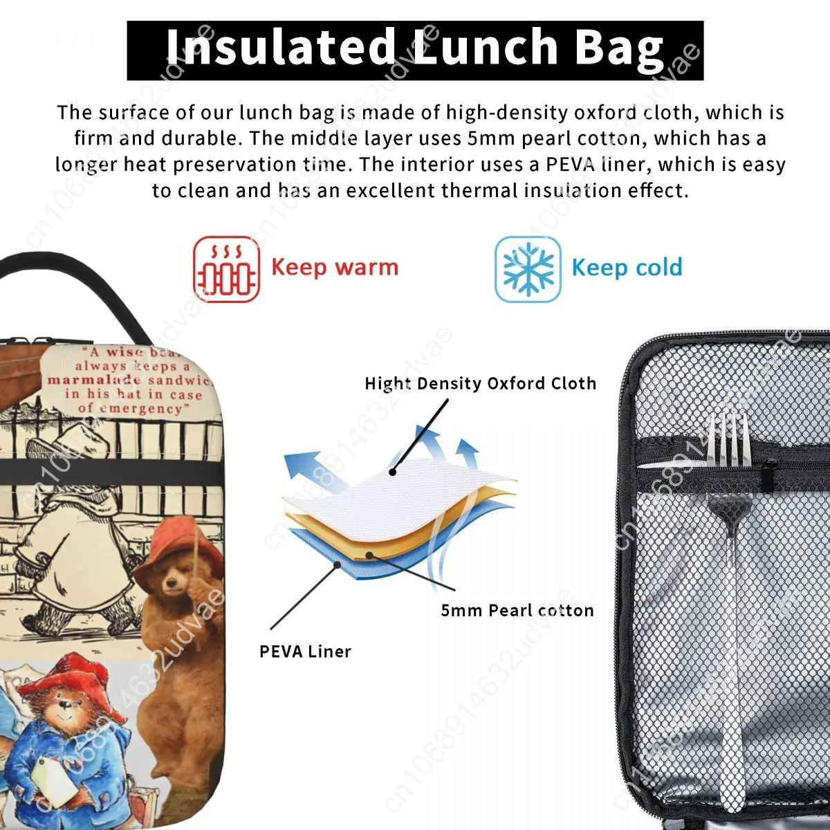 Britain Paddington Brown Bear Insulated Lunch Bag Outdoor Cute Movie Cartoon Food Storage Bag Portable Cooler Thermal Lunch Box