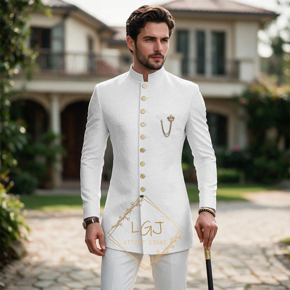 Men's 2PC Jacquard Tunic Set Stand Collar Gold Button Wedding Groom Ethnic Formal Suit Jacket Pants Custom Size