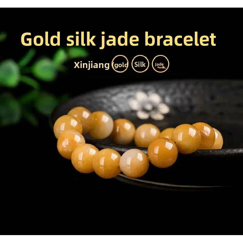 

Натуральный браслет из золотого нити Синьцзян с бусинами 13 мм, регулируемый, подарок с целебной энергией и удачным амулетом для женщин и мужчин